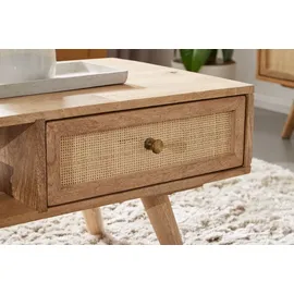 FineBuy Couchtisch  Braun  Massivholz/Rattan  90 x 40 x 45 cm