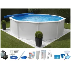 Rundpool KWAD "SUPREME weiß mit Sicherheitsleiter und Zubehör", weiß, H:132cm Ø:360cm, Schwimmbecken, inkl. Bodenisolation & Wasserpflege-Set, versch. Größen