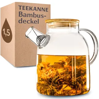 Cosumy Teekanne Teekanne Glas 1,5 Liter mit Deckel aus Bambus - Filter im Auslauf, 1500 l, (Packung, Teekanne mit Deckel), Getränke