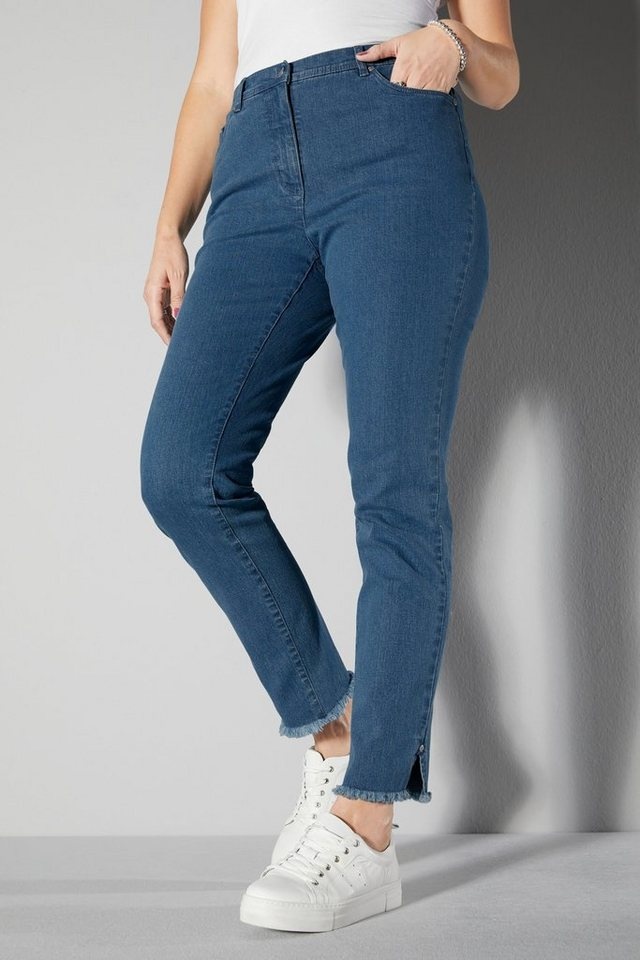 MIAMODA Regular-fit-Jeans Jeans Slim Fit Fransensaum mit Schlitz 5-Pocket blau 28
