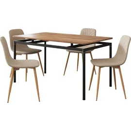 [en.casa] Essgruppe 'Hemnes' 5-teilig 1 Tisch mit 4 Stühlen Textilbezug Stahlbeine Hellbraun - Hellbraun