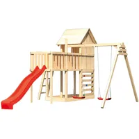 Karibu Akubi Stelzenhaus Frieda mit Wellenrutsche, Doppelschaukelanbau, Anbauplattform und
