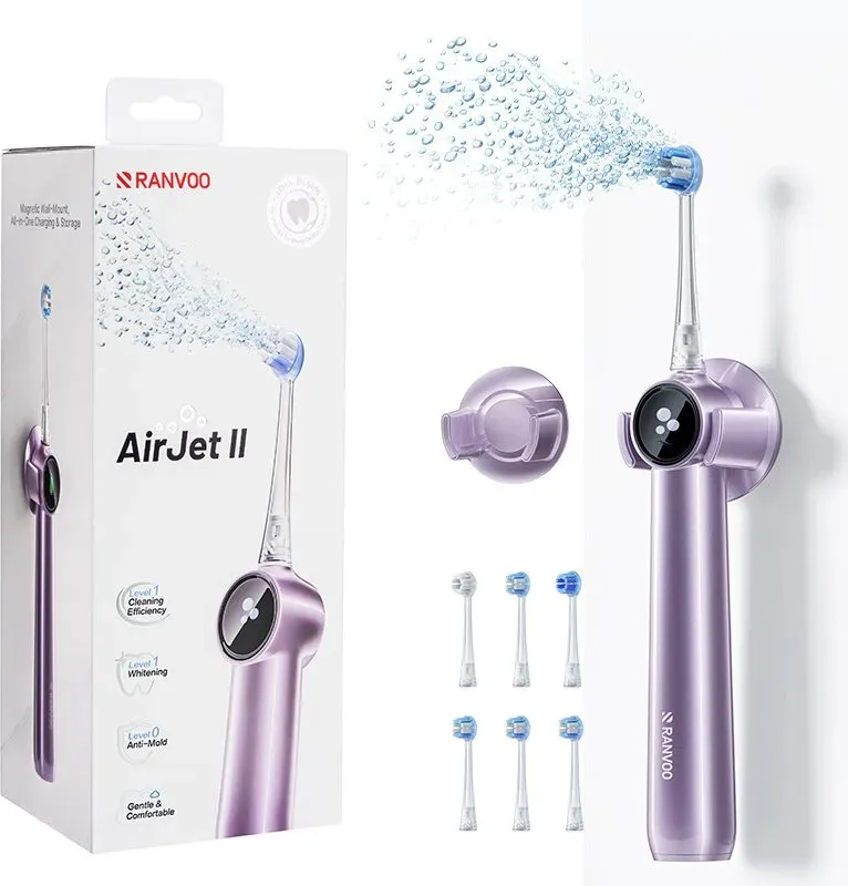 RANVOO AirJet II [New-Gen Jet Clean | Max Zahnsteinentfernung] Elektrische Zahnbürste, MAX Plaque-Entfernung, Zahnaufhellung & Schutz für empfindliches Zahnfleisch, Bis zu 60 Tage Akkulaufzeit, Magnetische induktive Aufladung, Limitierte Startangebot Extra 3 kostenlose Ersatzbürstenköpfe, 3 Original + 3 Bonus, 6 Bürstenköpfe insgesamt für 18 Monate tägliche Nutzung, Blasslila