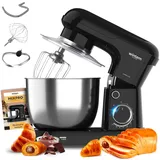 Avilia Knetmaschine mit Schüssel aus Stahl, 5 l, schwarz, 1500 W, 10 einstellbare Geschwindigkeiten, Schutzklasse II, inklusive Hakenhaken, Schneebesen und Schläger, leiser Betrieb