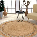 TT Home Jute Teppich Rund Wohnzimmer Esszimmer Boho Modern Handgemacht Mit Umrandung, Farbe: Natur 5, Größe:80 cm Rund