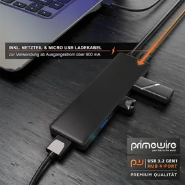 Primewire USB 3.2 Hub mit Netzteil, Ultra Slim 4-Port Verteiler, Datenhub für PC PS4 Notebook Netbook Laptop Ultrabook Tablet-PC MacBook, Bus-Powered