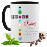 Blickfang KOMMUNION,FIRMUNG, KONFIRMATION, KIRCHEN SYMBOLE |FOTOTASSE |TASSE|MOTIV TASSE | BEDRUCKTE KAKAOTASSE TEETASSE GESCHENK|KERAMIK|TASSE (Schwarz)