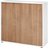 bümö Schiebetürenschrank "3OH" - Aktenschrank abschließbar, Sideboard Schrank mit Schiebetüren in Weiß/Nussbaum - Büroschrank aus Holz mit