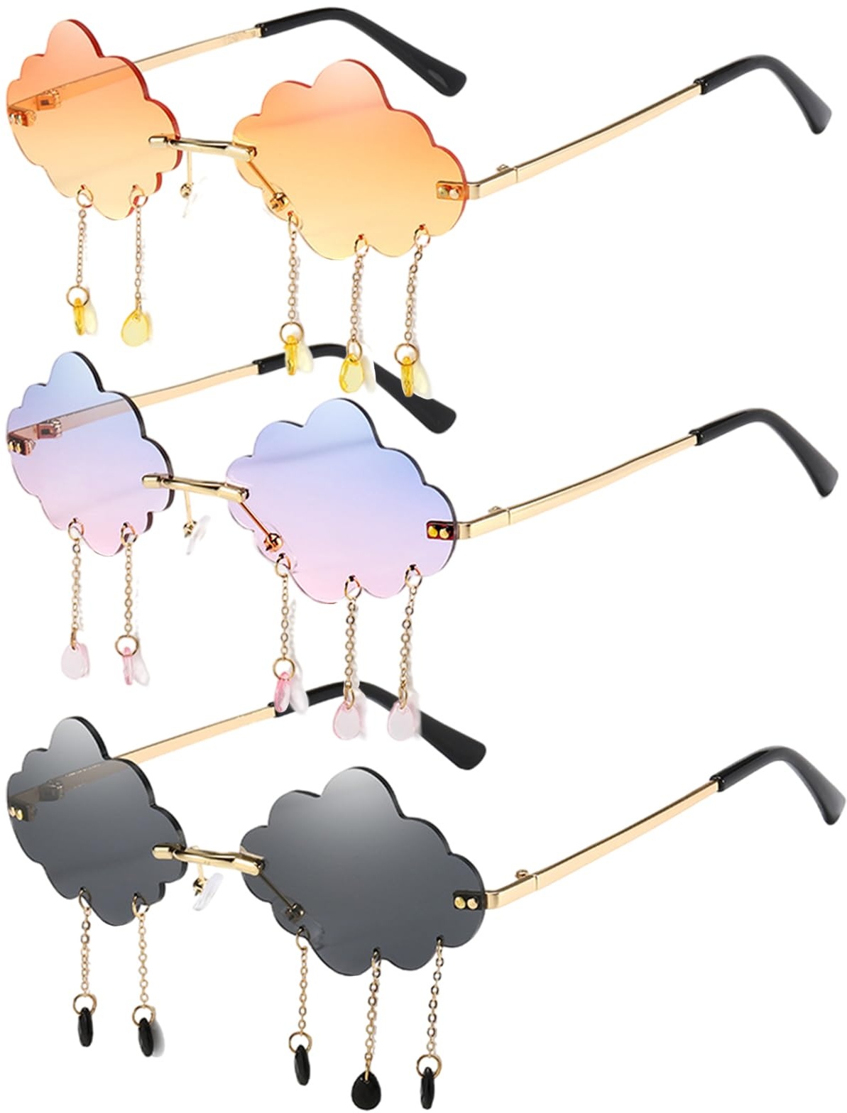 XNIVUIS 3 Stück Unisex Sonnenbrille, Randless Wolken Sonnenbrille Vintage, Vintage Cloud Design, Lustige Unregelmäßige Vintage Rave Disco Brille, Brille für Party Strand (Mehrfarbig)