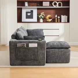 Okwish Dreisitzer Ecksofa mit Hocker, Kissen, Getränkehalter und 2 Seitentaschen, In Chenille Grau
