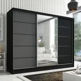 mebloland Schwebetürenschrank, 3-türig Schrank 200 cm mit Spiegel AURELIA 2 (Schwarz | Graphit | Schwarz) - Schwarz/Grau
