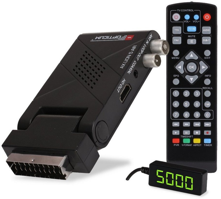 RED OPTICUM AX Lion 5 AIR DVB-T2 Receiver mit Aufnahmefunktion DVB-T2 HD Receiver (externer IR Sensor mit LED Display - SCART, HDMI, USB,12V Netzteil) schwarz
