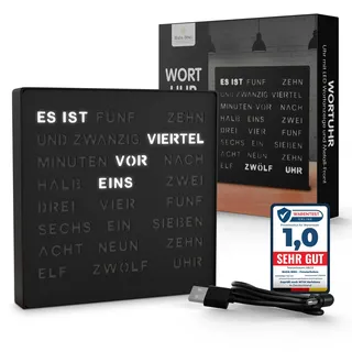 Bada Bing LED Wortuhr Schwarz mit Deutscher Wort Anzeige - edle Metall Uhr mit USB Kabel Wanduhr modern - Tischuhr hochwertig lautlos zum Aufstellen/Aufhängen - Deko Geschenk Männer Geburtstag Büro