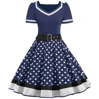 MisShow Damen elegant 50er Jahre Petticoat Kleider Gepunkte Rockabilly Kleider Cocktailkleider, Navyblau, L - L