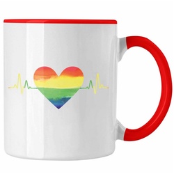 Trendation Tasse Trendation – Regenbogen Tasse Geschenk LGBT Schwule Lesben Transgender Grafik Pride Herzschlag rot