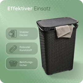 Novaliv Rattan Wäschekorb mit Deckel 60L Schwarz, Wäschebox Wäscheeimer Wäschebehälter modern für Bad Wäsche Schmutzwäsche, Wäschekörbe S... - Schwarz