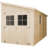 TIMBELA Holz Gartenschuppen (mit Seitenwand) mit imprägniertem Boden - Abstellkammer mit Fenstern - H244x216x416 cm/8 m2 - Gartenwerkstatt - Fahrrad-