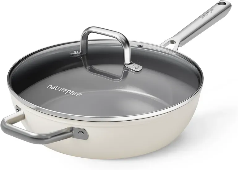 naturepan Keramik-Bratpfanne Diamant Titane 28 cm hoch mit Deckel – Antihaftbeschichtung ohne PTFE/PFOA/PFAS – Cool-Touch-Griff – Induktions- & ofenfest – Spülmaschinenfest – Milchweiß