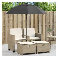 vidaXL Gartensofa 2-Sitzer Sonnenschirm und Hocker Beige Poly-Rattan