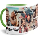 Tassendruck Fototasse mit Spruch - Ich Liebe Dich - zum Selbst gestalten personalisiert mit 4 Fotos, Innen & Henkel Hellgrün, 300 ml