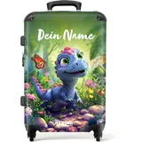 NoBoringSuitcases.com Kinderkoffer, Koffer Personalisiert, Kinder Koffer, Koffer Groß, Koffer Kinder, TSA Schloss, Trolley Kinder, Großer Koffer, Koffer Mittelgroß (Dino - Blau-Rosa, 67 cm - 72 L)