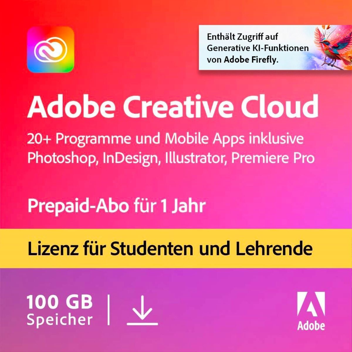 Adobe Creative Cloud All Apps | Studierende und Lehrende | 1 Jahr | 100GB | PC/Mac