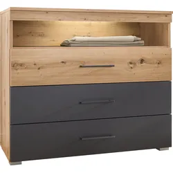 Schubkastenkommode RAUCH "Bilbao-Extra", grau (graumetallic, eiche artisan), B:93cm H:81cm T:42cm, Holzwerkstoff, Sideboards, optional mit Beleuchtung