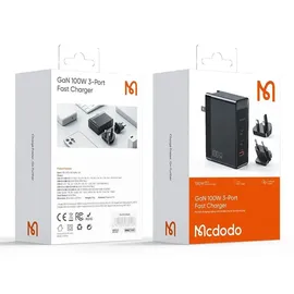 Mcdodo GaN CH-8101 Pro universelles UK/US/EU-Reiseladegerät/Adapter, 100 W, 2 x Usb-C USB-A Schwarz