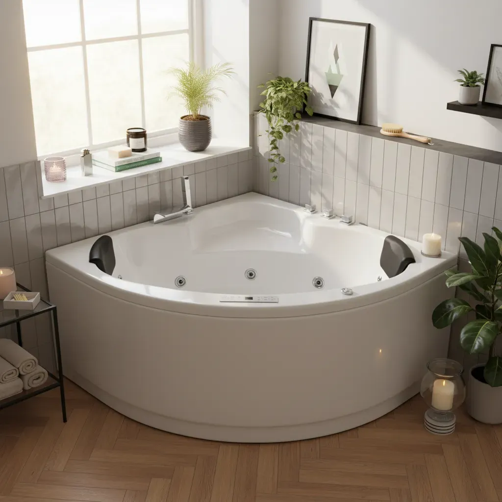 Indoor Whirlpool Eckbadewanne 130x130  cm, 13 Massagedüsen LED, Einbau für 2 Personen, Glasfaser-Acryl, Caribia RIO Basic, Made in Germany