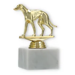Pokal Kunststofffigur Windhund gold auf weißem Marmorsockel 12,6cm