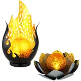 GLOBO Solarleuchte Flammen Design Außen Solarblume Aussen Lotusblume Solar Crackle Glas, grau, LED Leuchtmittel, 1x Lotusblume 1x Flammen Design, 2er Set