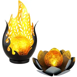 GLOBO Solarleuchte Flammen Design Außen Solarblume Aussen Lotusblume Solar Crackle Glas, grau, LED Leuchtmittel, 1x Lotusblume 1x Flammen Design, 2er Set