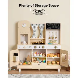 Vevor Spielküche für Kinder, Moderne Kinderküche mit Licht & Sound, Holzküche mit Herd Backofen Spüle Mikrowelle Eisspender & Getränkespender, Küchenspielzeug mit Kochset für Kinder ab 3 Jahren, Beige