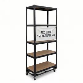 Relaxdays Schwerlastregal auf Rollen, HxBxT: 191 x 90 x 45 cm, 750 kg, 5 Böden, Stahl, Stecksystem, Lagerregal, schwarz