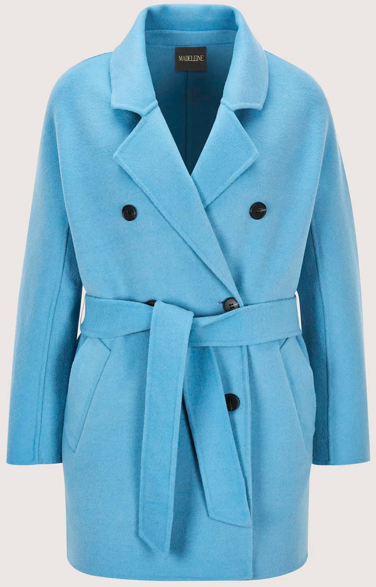 Langmantel MADELEINE "Kurzmantel Eleganter Zweireiher aus feiner Wolle", Damen, Gr. 48, blau (rauchblau), Obermaterial: 100% Wolle WO., Modern, Mäntel Langmantel, Doubelface, reine Wolle