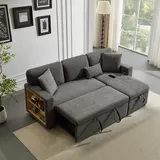 Merax Ecksofa, Sofa mit Schlaffunktion, Schlafsofa mit Bettkasten, USB, Seitentaschen und integriertem Regal, Schlafsessel mit Bettfunktion, Ausziehbar L-Form Sofa für Wohnzimmer Schlafzimmer, Grau