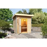 Karibu Saunahaus Gartensauna Außensauna FREYA 38mm Wandstärke 196 x 196 cm großes Sparset mit Ofen und Steuergerät