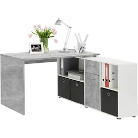FMD Eckschreibtisch FMD "Lexo", grau (betonfarben, weiß), B:136cm H:74cm T:66,5cm, Tische, Eckschreibtisch, Schreibtisch/Sideboard viel Stauraum, beidseitig montierb., 136/205 cm