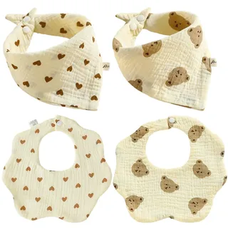 4 Stück Lätzchen Baby Muslin, Sabberlätzchen Spucktücher Baby, Dreieckstuch Baby, Mulltücher Baby für Zahnen und Sabbern