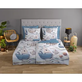 Good Morning "Maritim", blau, B/L: 135cm x 200cm, 1 Stk., 1 Stk., Renforcé, B/L: 80cm x 80cm, 2 Stk., Renforcé, Obermaterial: 100% Baumwolle, Bettwäsche, Wendebettwäsche, Baumwolle, Renforcé, 135x200, Reißverschluss, Wendeoptik, Maritim Blau