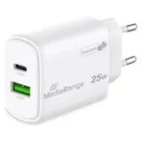 MediaRange 25W USB-A, USB-C GaN Schnellladegerät, Weiß