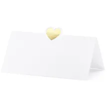 Partydeco Tischkarten 10x5cm 10 Stück mit Herz Platzkarten Hochzeit Geburtstag Taufe blanko weiß Gold