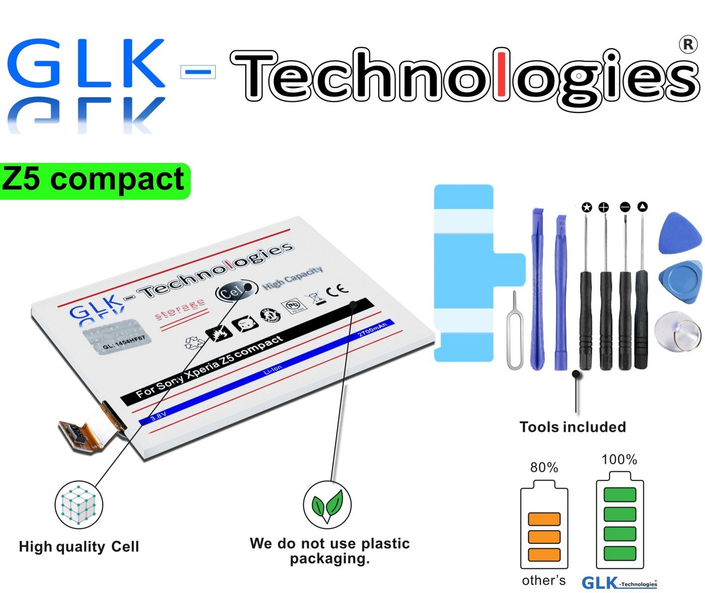 GLK-Technologies High Power Ersatzakku kompatibel mit Sony Xperia Z5 Compact LIS1594ERPC, Original GLK-Technologies Battery, accu, 2700 mAh Akku, inkl. Werkzeug Set Kit NEU Smartphone-Akku 2700 mAh (3.8 V)