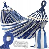 KRUMAD Hängematte 260 cm, Belastbar bis 250 kg, Wetterfest, Baumwoll-Polyester, für Garten, Balkon, Camping, mit Holzstreben & Tragetasche (Blau-Weiß, Ohne Gestell)