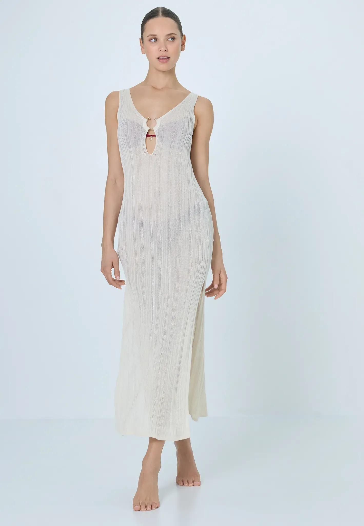Strandkleid LSCN BY LASCANA, Damen, Gr. 44, N-Gr, beige (creme), Strick, Obermaterial: 82% Viskose, 18% Polyester, unifarben, figurbetont ca. Mitte Wade, Kleider Strandkleid, Midikleid, Strickkleid