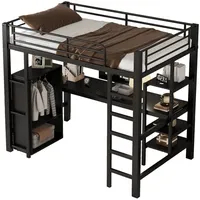 SeedWave Hochbett Merzweck Metall Hochbett mit Kleiderschrank, Schreibtisch, 90x200cm 3 Regale, vertikale Leiter mit 5 Stufen