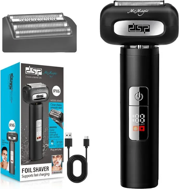 DSP McMagic Rasierhobel für Herren, 2-in-1 Elektrorasierer mit 2 Edelstahlklingen, 3-stufige Schärfeinstellung, LED-Display, IPX6 wasserdicht, USB wiederaufladbar (Schwarz)