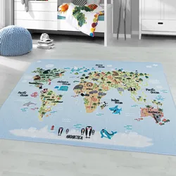 Kinderteppich AYYILDIZ TEPPICHE "PLAY 2917", blau, B:80cm H:6mm L:120cm, Polyamid, Teppiche, robuster Kurzflor, bunte Weltkarte, Weltmeere, Tiere, Kinderzimmer