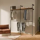pamo Kleiderstange Wandmontage 320 kg Traglast - offener Kleiderschrank schwarz aus Metall-Wasserrohren - mit Böden aus massiver Eiche