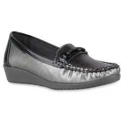 Damen Mokassins in Grau Silber Lack
